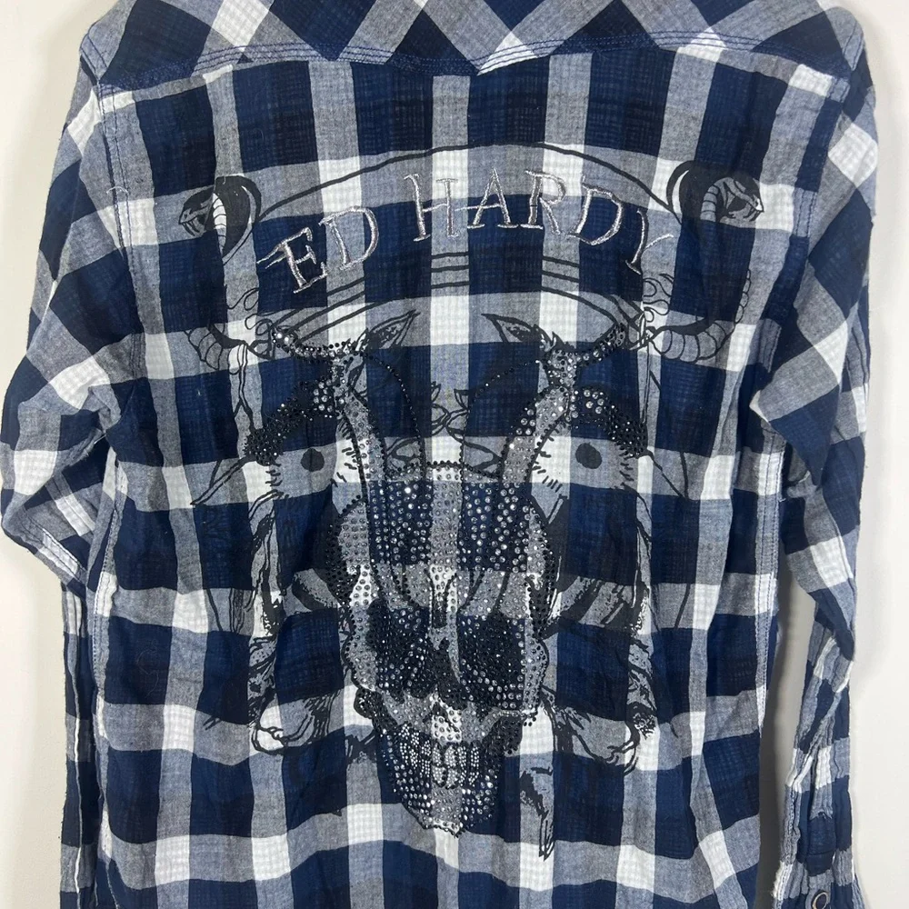 ED‎ Hardy Shirt Mens L Large Blue Black Embroidered Logo Embellished Rhinestone - Picture 6 of 7
